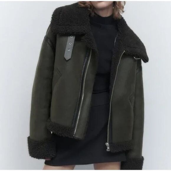Zara Dark Olive Faux Shearling Double Faced Aviator Jacket Women Size XS Sherpa - Picture 13 of 13